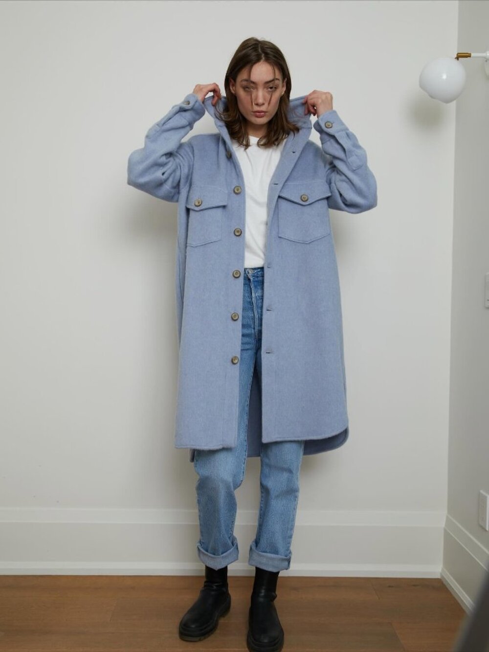 TUCK SHOP TRADING CO. Oversized Cottage Coat, wool blend, pale blue, sz M